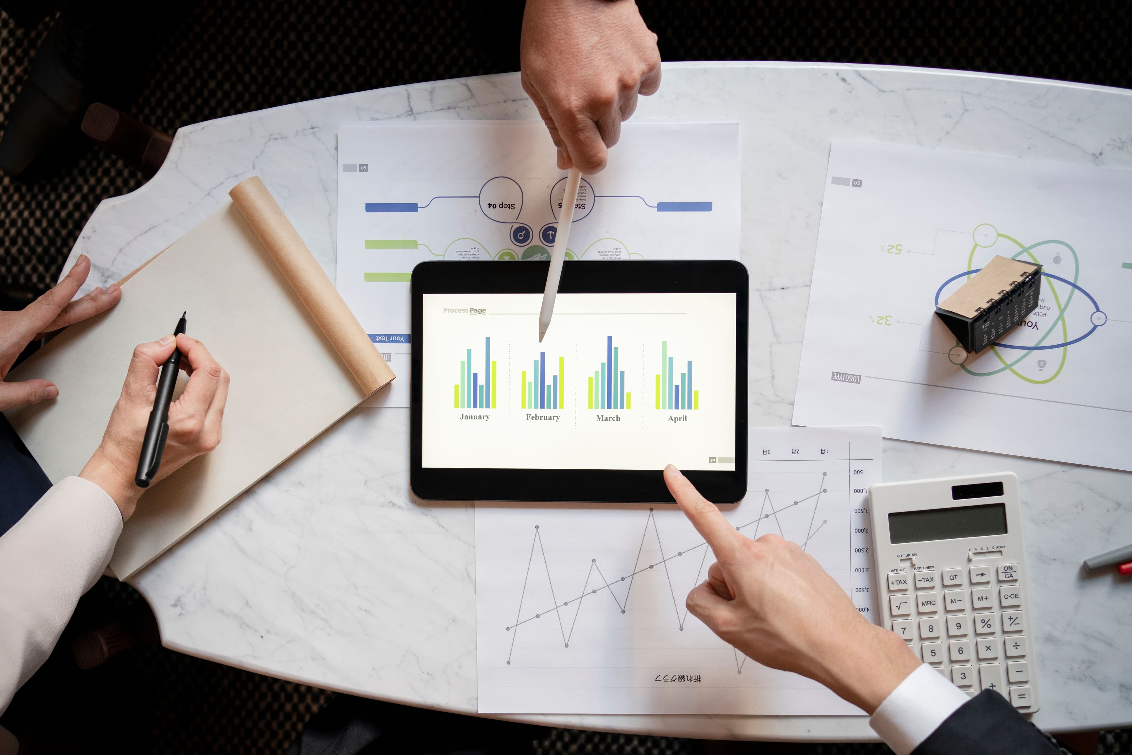 Business professional analyzing financial charts, investment portfolios, risk management strategies, financial planning tools, and asset allocation icons on a digital screen for asset management advisory.